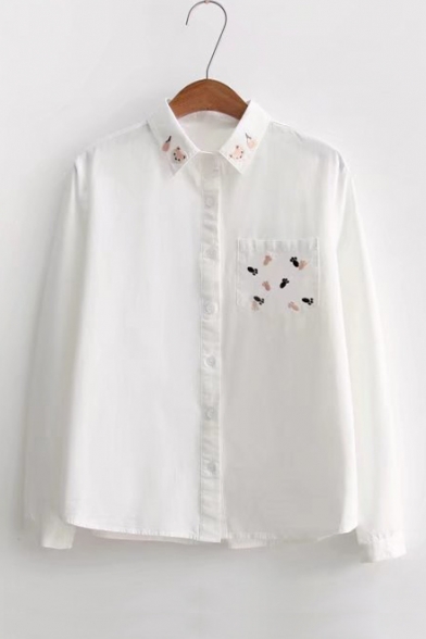 Lovely Cartoon Embroidered Pocket Patched Chest Lapel Collar Long Sleeve White Shirt