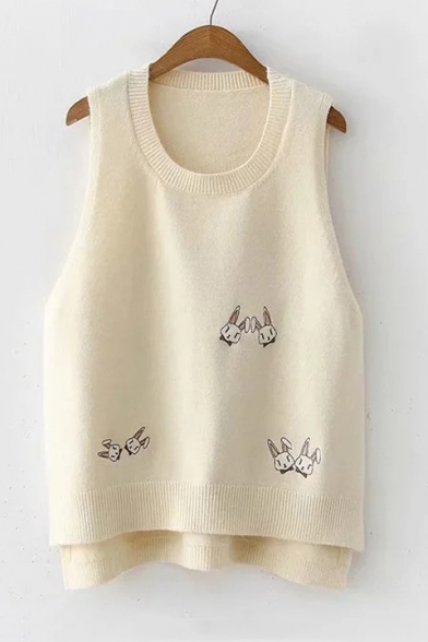 Lovely Cartoon Rabbit Embroidered Round Neck Sleeveless High Low Hem Knit Vest Sweater