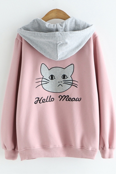Lovely Long Sleeve Cute Cartoon Cat Letter Embroidered Zip Placket Hooded Coat