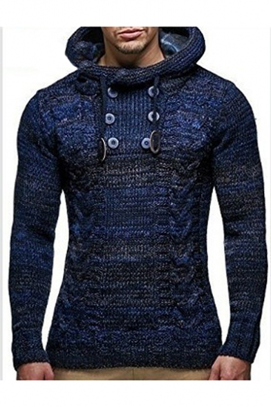 Men's Long Sleeve Button Embellished Cable Knit Plain Hooded Sweater