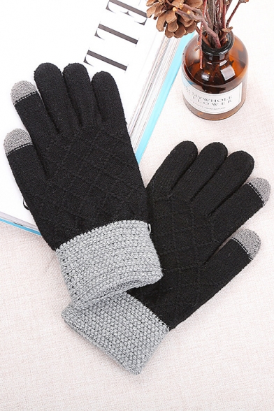 Men Winter New Trendy Colorblock Touch Screen Geometric Jacquard Gloves