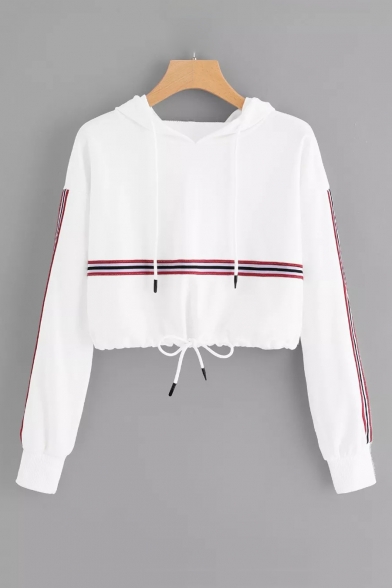 New Stylish Striped Colorblock Long Sleeve Loose Cropped White Hoodie