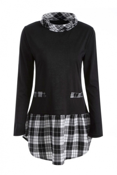 New Trendy Plaid Patchwork High Neck Long Sleeve Loose Fitted Black T-Shirt