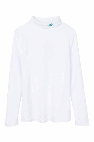 Popular Planet Pattern Turtle Neck Long Sleeve Fleece White Pullover T-Shirt