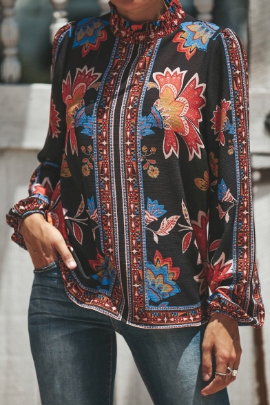 Retro Floral Printed Ruffle-Trimmed Long Sleeve Chiffon Blouse