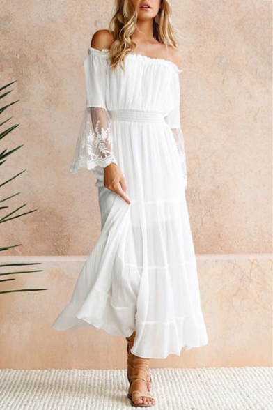 Sexy Hot Fashion Off The Shoulder Long Sleeve Plain Lace Patched A-Line Maxi White Dress