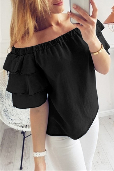 Sexy Off The Should Short Sleeve Ruffle Detail Leisure Tee