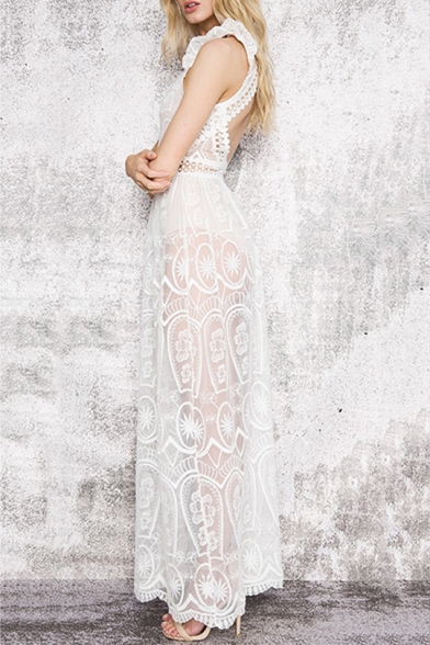 Sexy Hot Style Sleeveless Plunge Neck Hollow Out Back Lace White Beach Maxi Dress