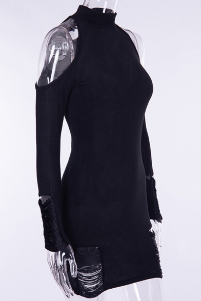 Sexy Long Sleeve Halter Black Distressed Mini Pencil Dress