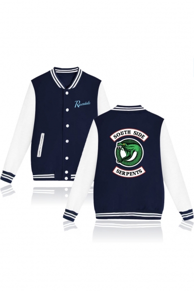 Single Breasted Long Sleeve Stand Collar Colorblock Letter SERPENTS Printed Baseball Jacket