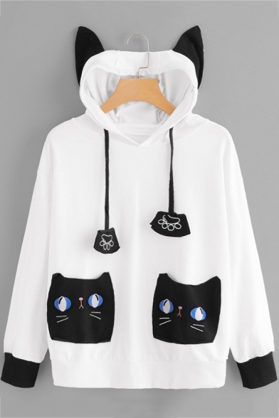 Stylish Long Sleeve Cat Pockets Patch Claw White Drawstring Hoodie