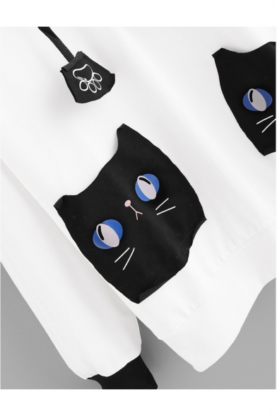 Stylish Long Sleeve Cat Pockets Patch Claw White Drawstring Hoodie