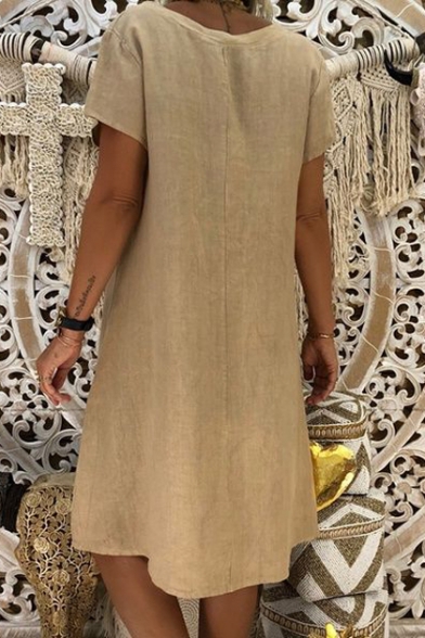 Summer's New Trendy Short Sleeve V Neck Plain Casual Midi Dress