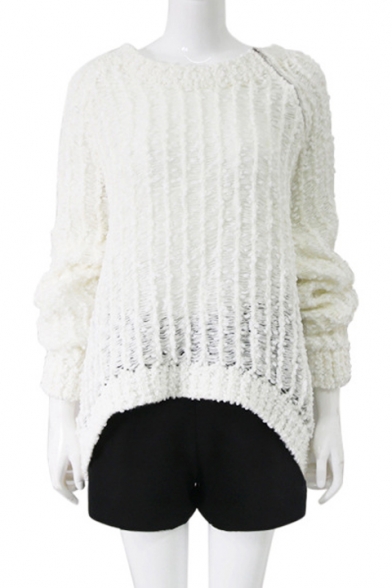 Unique Fashion Zip Closure Round Neck Long Sleeve Fur-Trimmed White Sweater