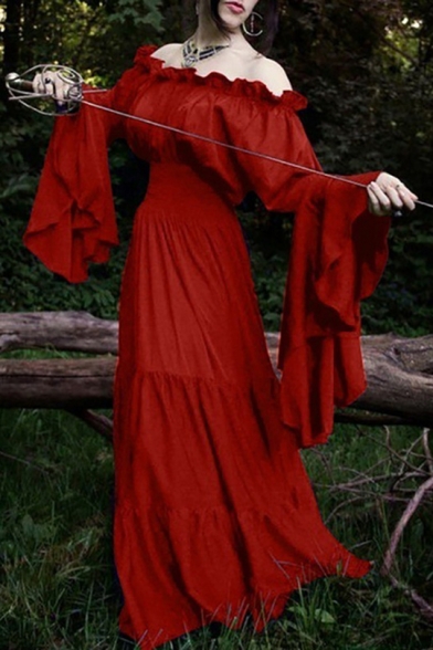 Vintage Midieval Costume Off the Shoulder Bell Sleeve Floor Length A-Line Dress