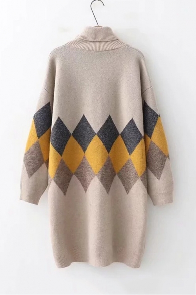 Warm Long Sleeve High Neck Diamond Geometric Pattern Tunics Sweater