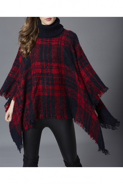 Winter's Check Pattern Fashion Tassel Hem Warm Pullover Poncho Sweater
