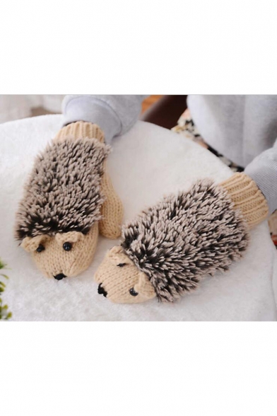 Winter's New Fashion Colorblock Cute Animal Hedgehog Printed Knit Gloves