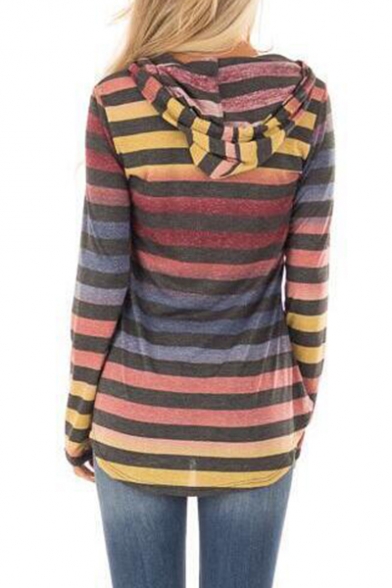 Autumn's New Arrival Long Sleeve Colorful Stripes Tunics Blue Hoodie