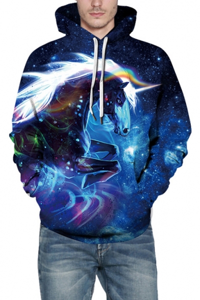 Blue 3D Unicorn Galaxy Printed Long Sleeve Relaxed Sports Unisex Hoodie