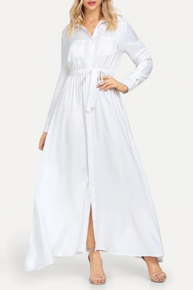 Boho Style Long Sleeve Lapel Collar Plain Split Front Tie Waist Cotton White Maxi Dress