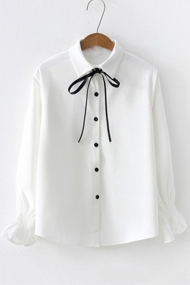 

Chic Black Bow-Tied Lapel Collar Long Sleeve Button Front Fitted Shirt, Pink;white;khaki