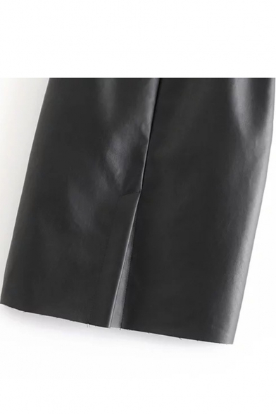 Chic Ruffle-Trimmed Bow-Tied Waist Fashion Black Midi PU Shift Skirt