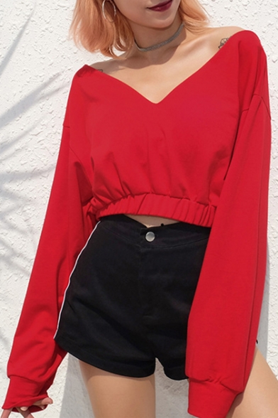 Chic V Neck Long Sleeve Plain Elastic Hem Cropped Red Sweatshirt