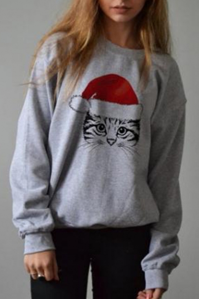 Christmas Cat Printed Long Sleeve Round Neck Oversize Sweatshirt