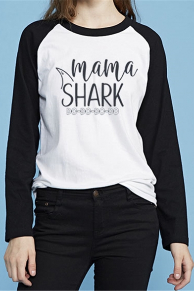 Colorblock Letter MAMA SHARK Printed Long Sleeve Round Neck Black Tee