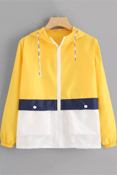 Colorblock Long Sleeve Zip Placket Hooded Coat