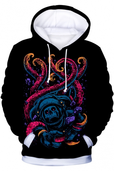 Cool 3D Skull Octopus Printed Long Sleeve Cozy Black Hoodie