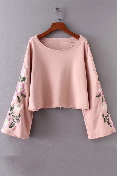 Cute Floral Embroidered Bell Sleeve Boat Neck Cropped Sweatshirt