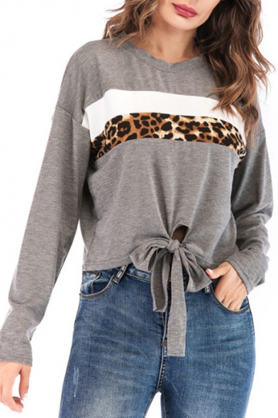 Fashionable Long Sleeve Round Neck Leopard Patched Knot Front Gray Loose Top