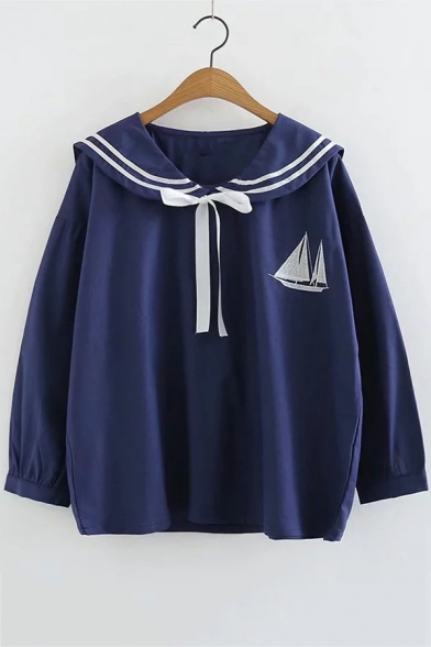 Fresh Long Sleeve Navy Collar Tie Front Sailing Boat Pattern Striped Leisure Blouse