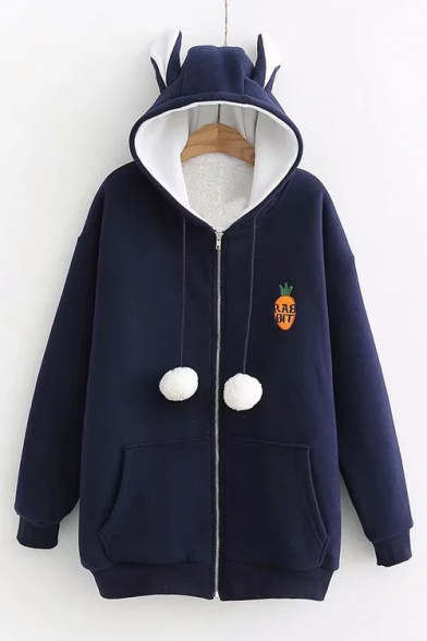 Funny Carrot Letter Embroidered Long Sleeve Zip Closure Pom Pom Embellished Hooded Coat