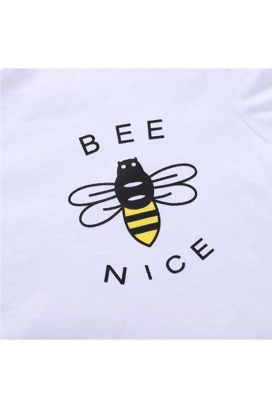 Funny Letter BEE NICE Cartoon Bee Pattern Round Neck Short Sleeve White T-Shirt