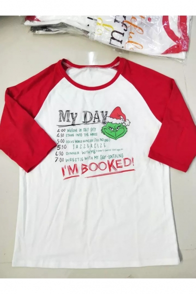 Funny Letter MY DAY I'M BOOKED Christmas Cartoon Santa Claus Pattern Colorblock White Long Sleeve Tee