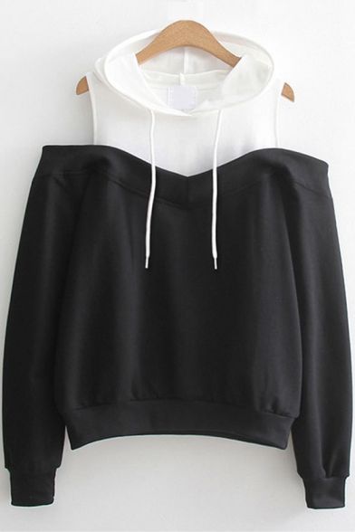 Hot Fashion Color Block Cold Shoulder Long Sleeve Casual Hoodie