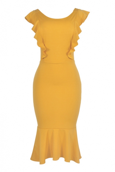 Hot Popular Cap Sleeve Round Neck Suffle Detail Midi Plain Fishtail Dress