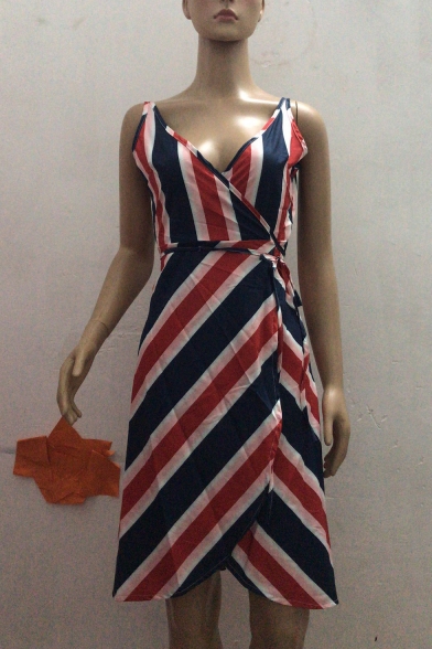 Hot Popular Plunge Neck Classic Blue and Red and White Striped Printed Midi A-Line Slip Dress