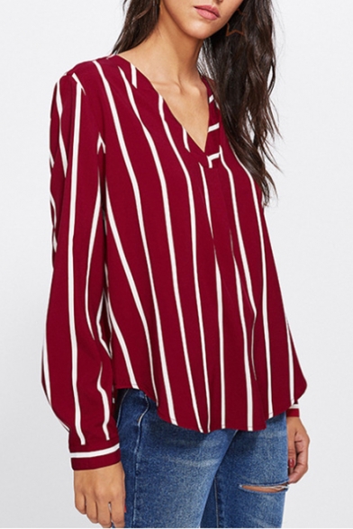Classic Long Sleeve V Neck Striped Printed Blouse Shirt