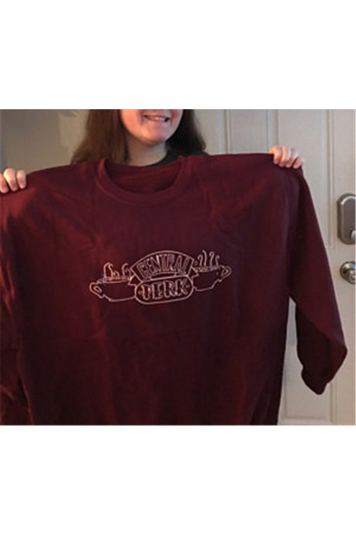 Long Sleeve Round Neck Letter Central Park Printed Burgundy Sweatshirt