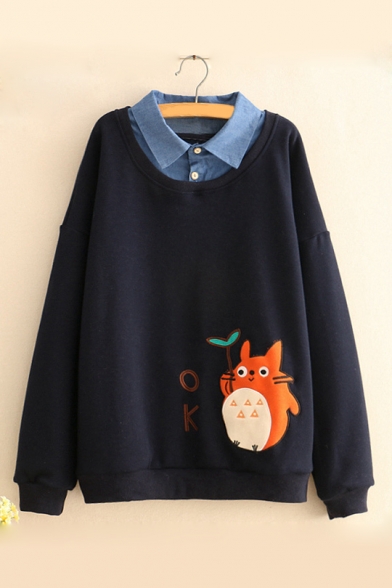Long Sleeve Lapel Collar Patched Cartoon Chinchilla Letter Printed Sweatshirt