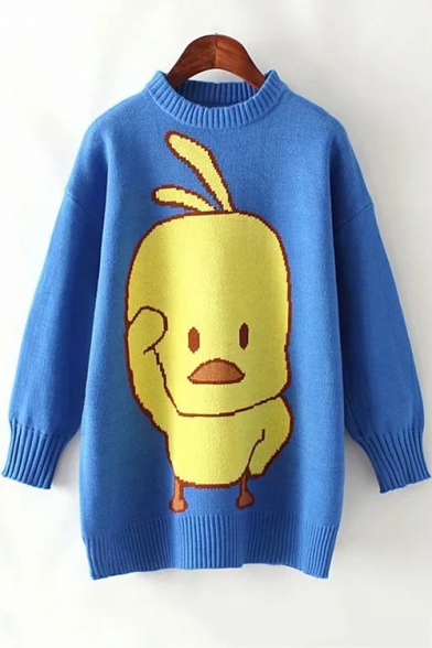 Lovely Cartoon Social Duck Pattern Crewneck Long Sleeve Tunic Sweater