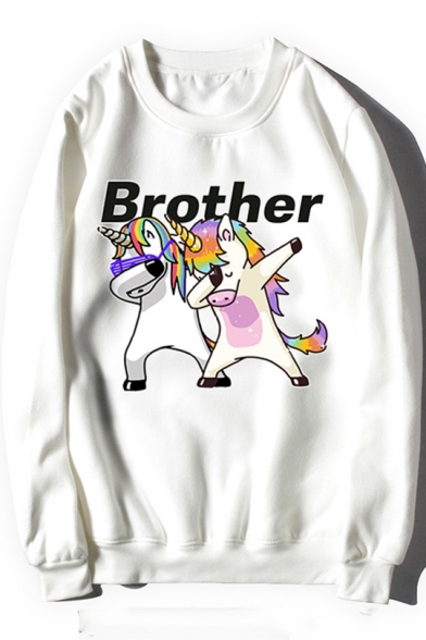 Lovely Cartoon Unicorn Letter BROTHER Printed Round Neck Long Sleeve Sweatshirt