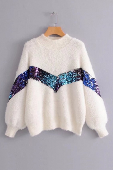 Mock Neck Long Sleeve Sequined Embellished Warm Mohair Sweater