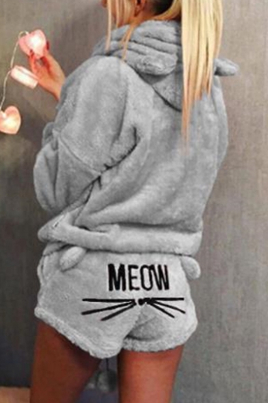 New Trendy Lovely Cartoon Cat Letter MEOW Printed Back Ear Hoodie Shorts Pajama Set for Women