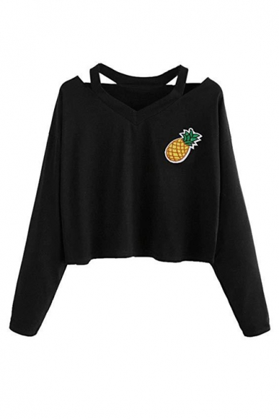 Pineapple Embroidered Long Sleeve V Neck Black Leisure Cropped Tee