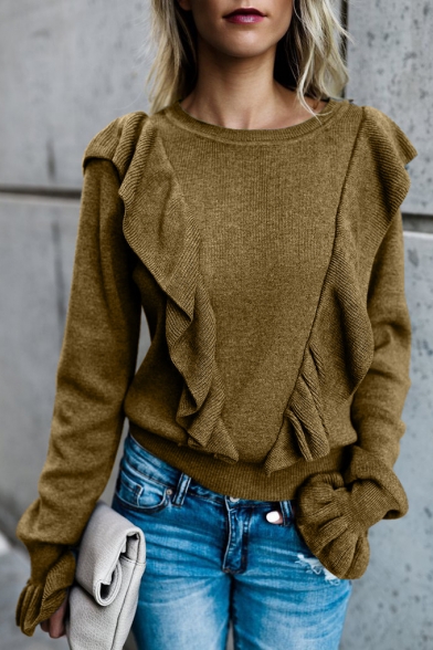 Plain Ruffle Detail Long Bell Sleeve Loose Round Neck Tee